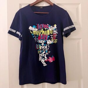 Love Moschino Women’s  Navy Blue Graphic Tee Logo Cotton Short Sleeve T-Shirt